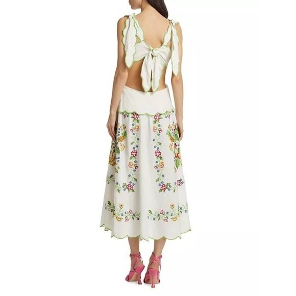 Farm Rio Maxi Dress XL Tropical Romance Needlepoint Cut-Out Linen White Floral - Picture 16 of 16